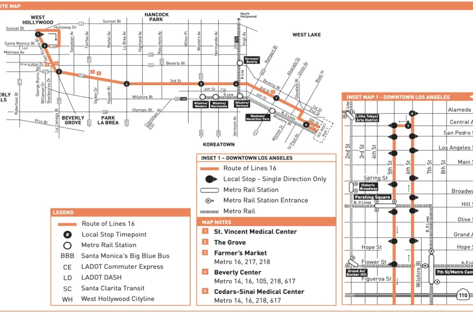 A map of the route the 16 bus takes along 3rd Street across Los Angeles.